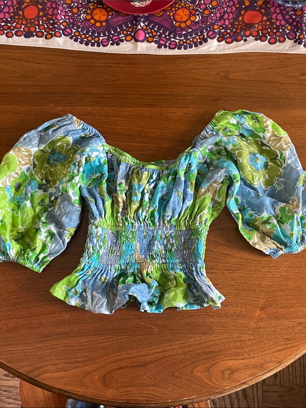Faithfull the Brand Blue & Green Floral Smocked Off-Shoulder Top